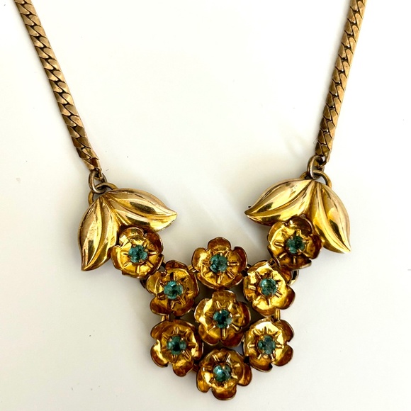 Vintage Gold Filled Floral Necklace — Turquoise Crystal Accents — Signed - Picture 2 of 9